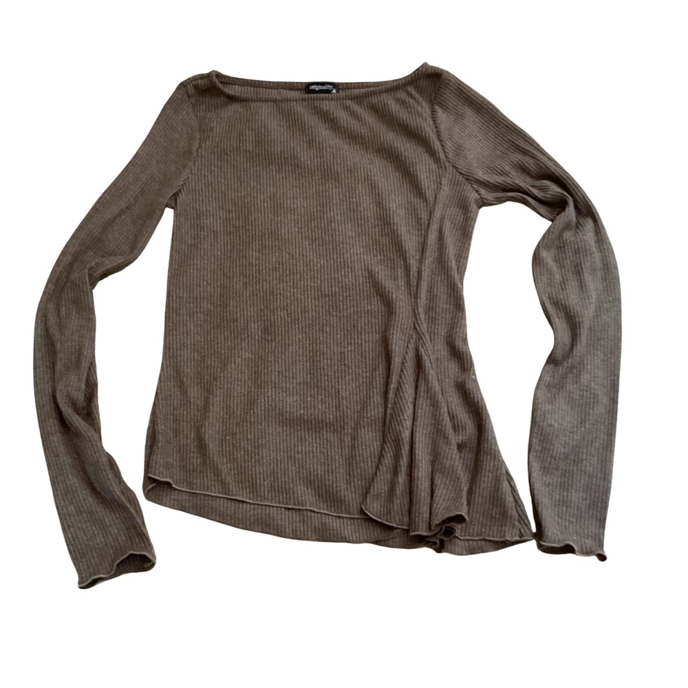 Originality Brown Ribbed Long Sleeve Boat Neck Asymmetrical Peplum Top Medium